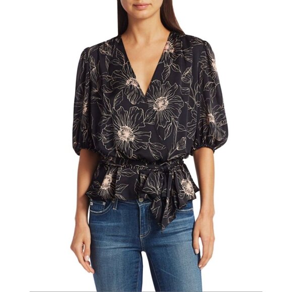 JOIE Macie Black Floral Print Satin Puff Sleeve Wrap Peplum Blouse, Size XXS - Picture 1 of 8